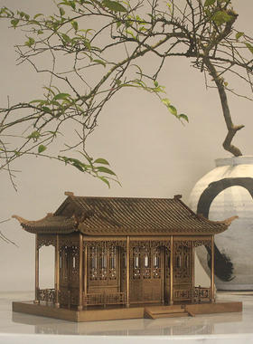 古铜色中国风古建筑拼装模型中式小房装饰摆件手工制作木质材料