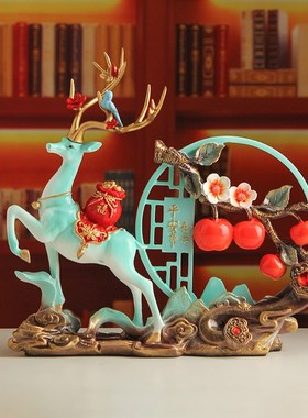 新中式柿柿事事如意客厅酒柜公室装饰品子福鹿摆件乔迁新居礼物