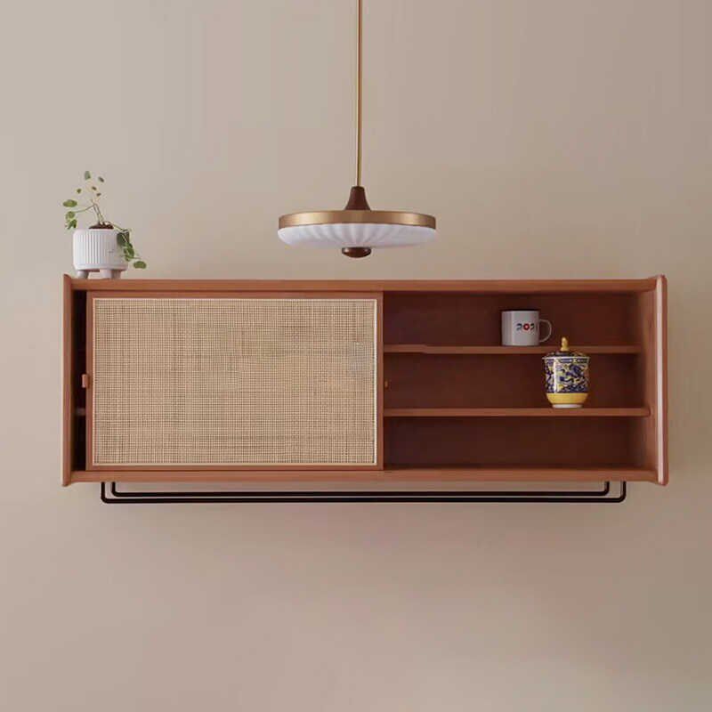 北欧实木壁挂式收纳柜日式简约藤编储物柜L客厅餐厅墙上置物架定