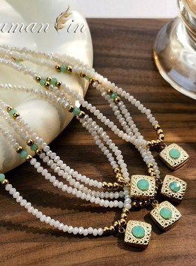 白水晶天然石项链轻奢小众设计高级感小方糖吊坠串珠叠戴锁骨链