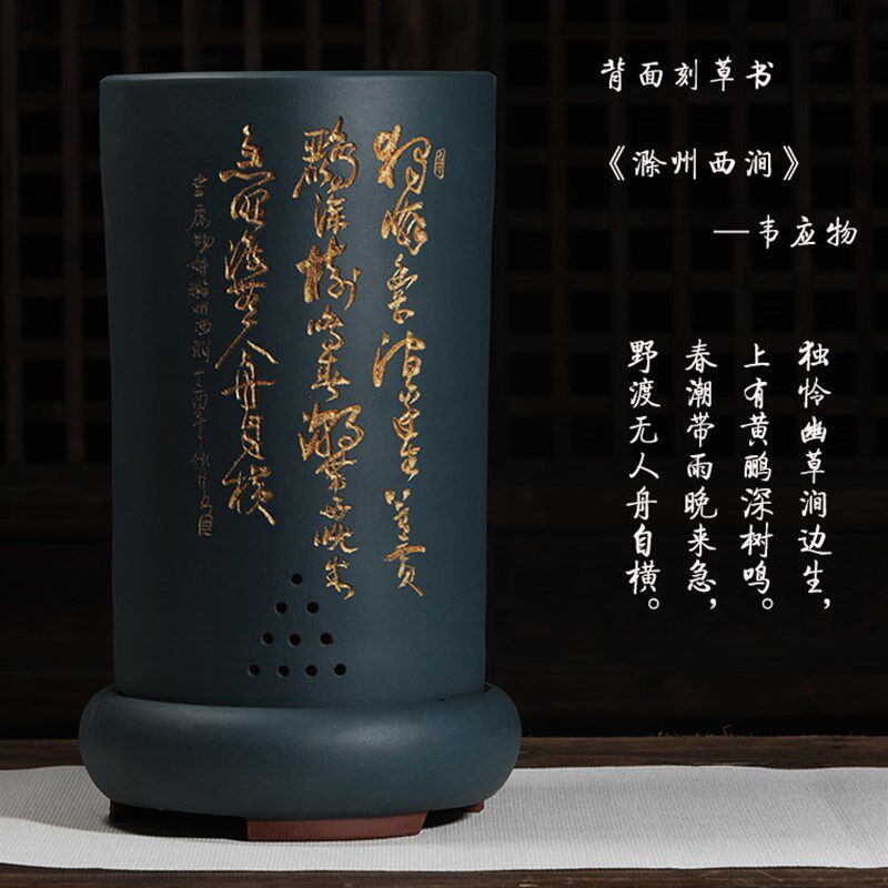 紫砂兰花盆d高档精品大花盆圆形带底座彩绘古典地面高筒家用高花