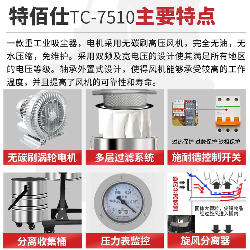 特佰仕70W功率3V大型工业吸尘器工厂车间粉尘吸煤灰铜粉铁屑