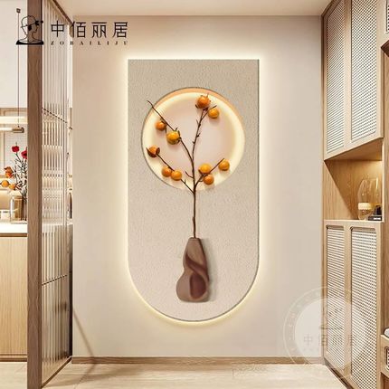 奶油风入户玄关装饰画现代客厅走廊过道挂画绿植正对门led灯壁画