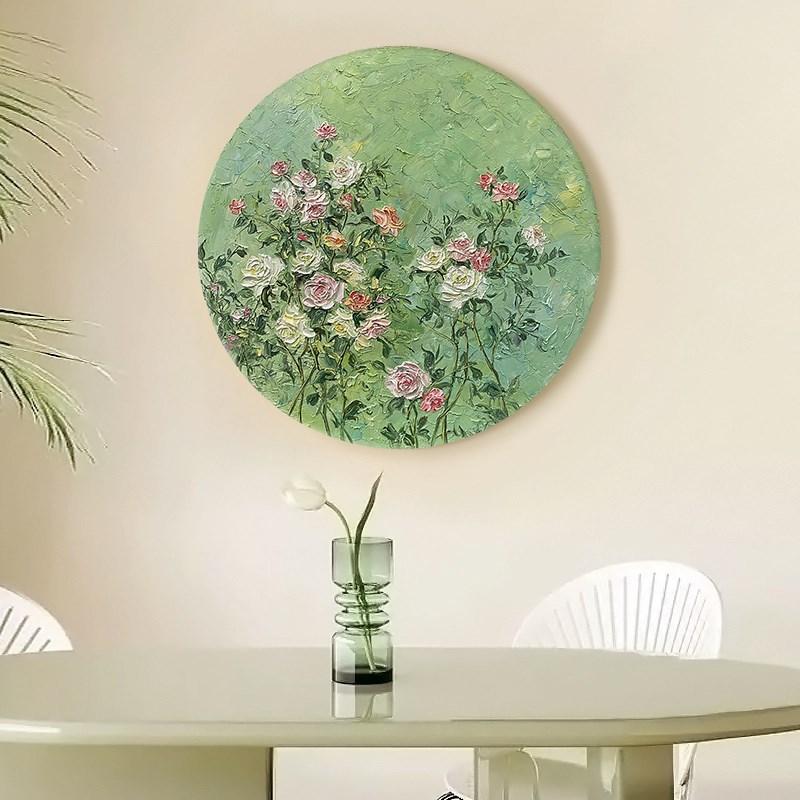 绿意盎然客厅装饰画玄关圆形抽象花卉挂画奶油风法式肌理手绘油画图片