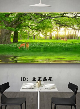 客厅沙发电视墙壁画风景树装饰画绿色大树晶瓷画鸟森林麋鹿挂画