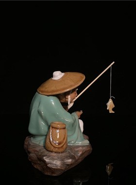 石湾公仔陶瓷创意工艺品假山盘景鱼缸姜太公钓鱼礼品渔翁