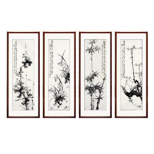 梅兰竹菊挂画纯手绘四条屏新客厅沙发背景墙装饰壁画鸟国画