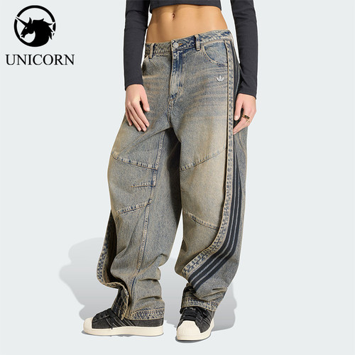 Adidas/阿迪达斯正品三叶草女士时尚宽松经典运动牛仔长裤KY5189