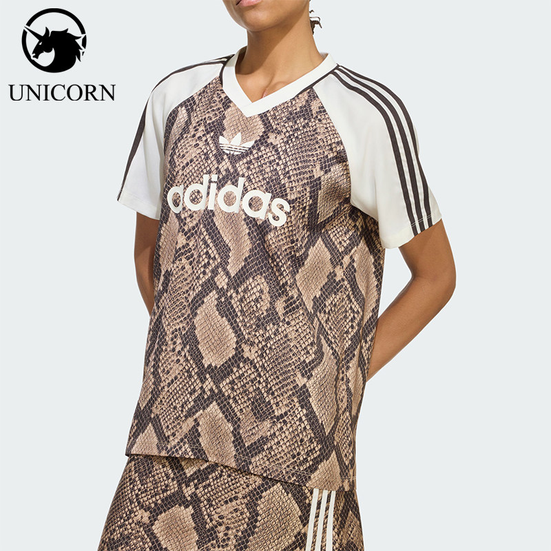 Adidas/阿迪达斯正品三叶草女士个性印花宽松V领运动T恤KX1897