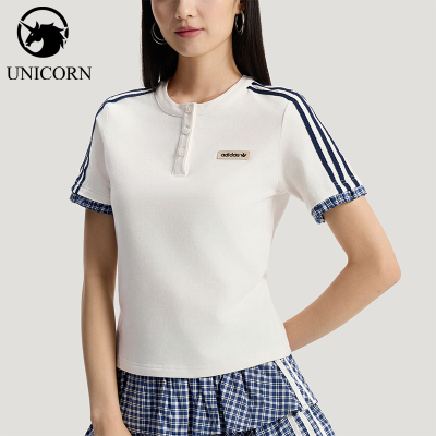 Adidas/阿迪达斯正品三叶草女士休闲运动修身格子短袖T恤KU9392