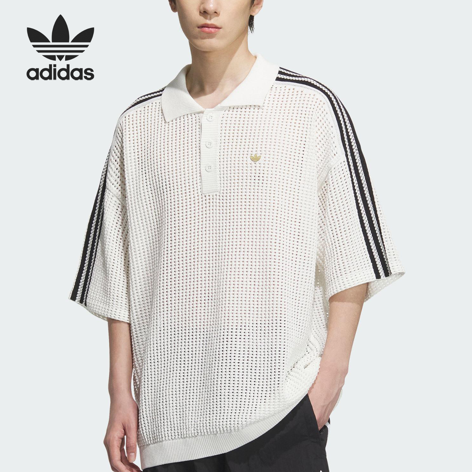 Adidas/阿迪达斯正品三叶草男士宽松休闲透气翻领短袖KF0403