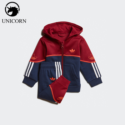 Adidas/阿迪达斯正品三叶草婴童耐穿运动日常连帽拼接套装FM4449