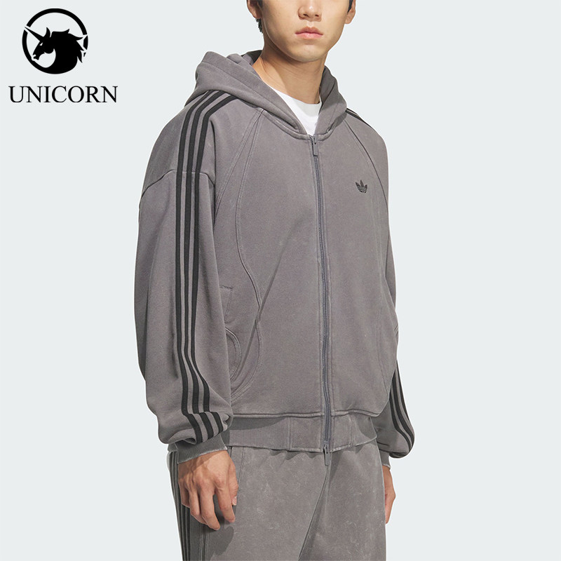 Adidas/阿迪达斯正品三叶草男女连帽休闲毛圈布条纹外套KQ5525