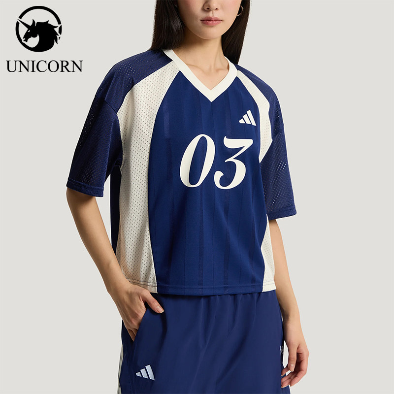 Adidas/阿迪达斯正品Tiro新款女蓝白色足球经典宽松短袖T恤KZ2339