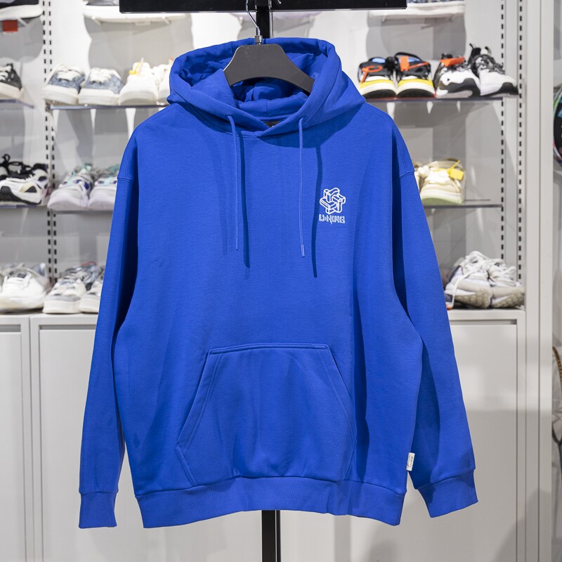 李宁正品运动潮流系列男子休闲印花加绒保暖宽松套头衫AWDT897-2