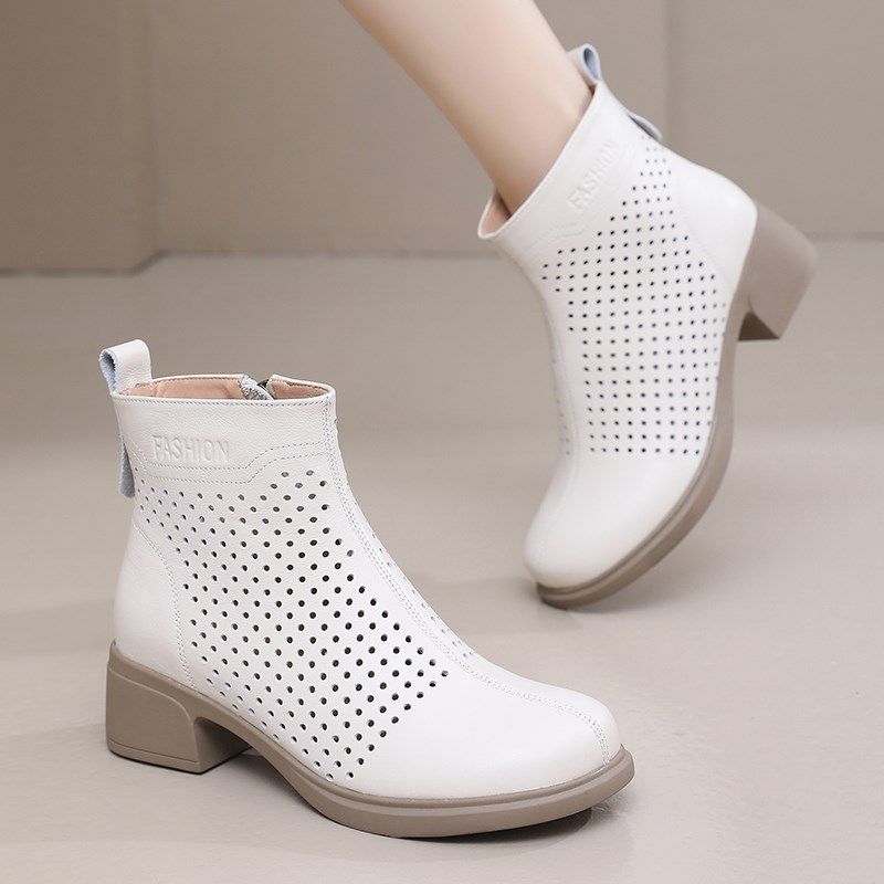 头层牛皮短靴女真皮洞洞鞋粗跟休闲马丁靴春夏季镂空女鞋大码凉靴