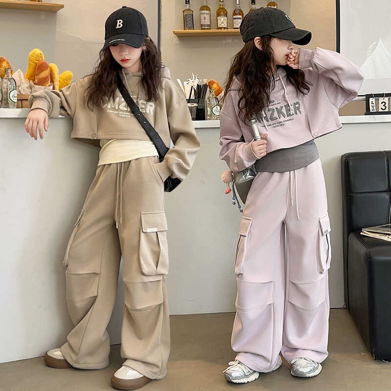 女童卫衣工装裤三件套春秋款2024新款设计感背心短款上衣儿童套装图片