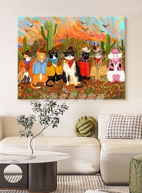 客厅抽象牛仔猫手绘油画玄关卡通动物丙烯装饰画小众艺术横版挂画