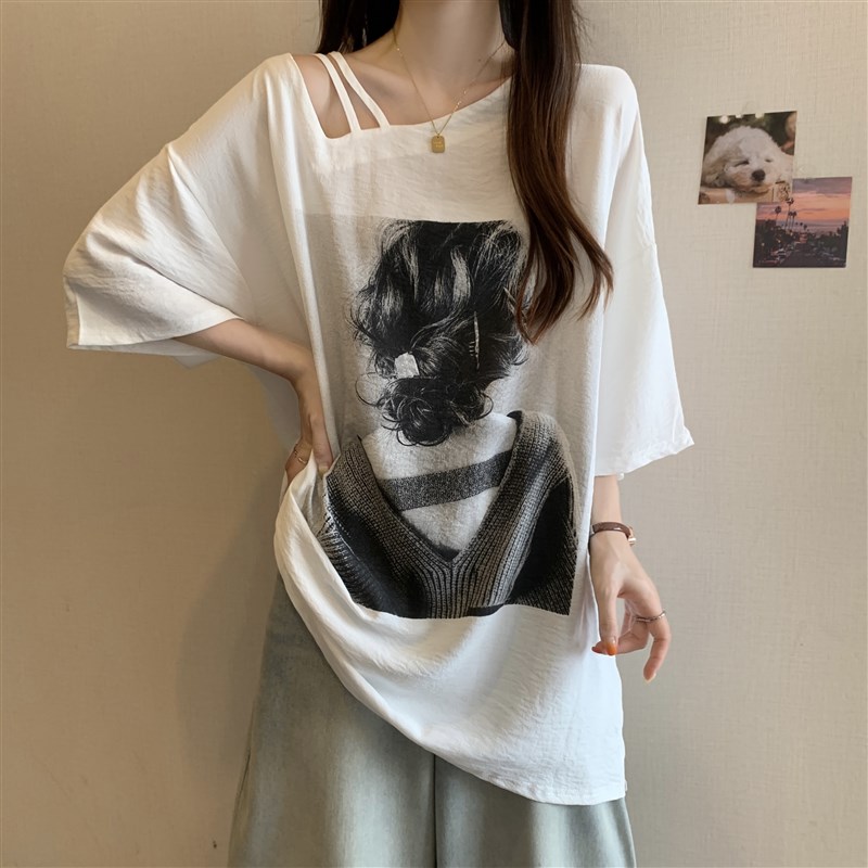 欧货大版洋气短袖Tm恤女夏季新款大码胖mm宽松遮T肚中长款露肩上