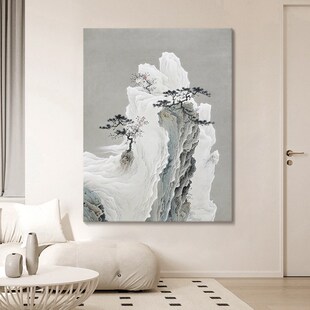 新中式 饰画写意好寓意手绘油画迎W客松书房挂 黑白石来运转客厅装