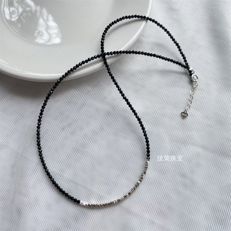 天然黑尖晶石项链黑色水晶碎银子锁骨链超细切面串珠叠戴颈饰简约,饰品/流行首饰/时尚饰品新,颈饰,淘宝优惠券,粉丝福利购,淘宝优惠卷