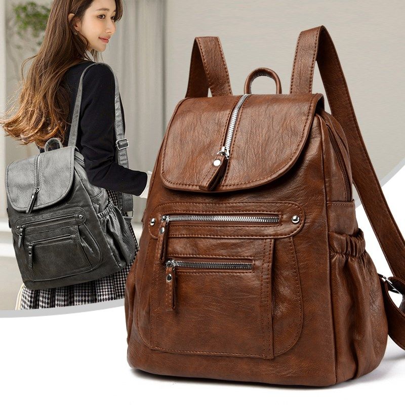 复古机车多层双肩包皮质英伦风水洗皮软背包时尚休闲旅行包女式包