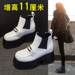 一脚蹬马丁靴女小短靴内增高11cm真皮厚底小个子炸街切西尔短靴潮