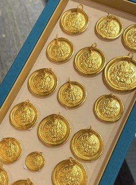 金包银黄财神吊坠实心古法錾刻招财纳福挂坠圆牌情侣款编织项链女