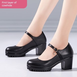 6cm头层牛皮粗跟圆头模特鞋旗袍走秀舒适防水台浅口高跟单鞋女