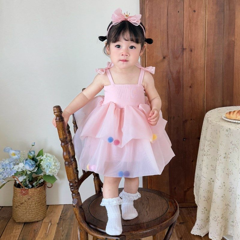 女童吊带公主裙2025新款夏季宝宝韩版球球网纱裙周岁礼服连衣裙子