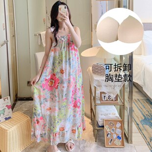 绵绸睡裙夏季女款2024新款带胸垫可外穿吊带学生长裤W脚踝长裙睡