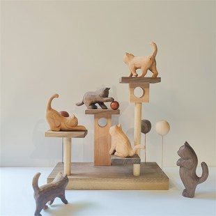冰冷森林木雕手作猫咪微观猫架朦胧猫幻想乐园氛围装 饰摆件桌面
