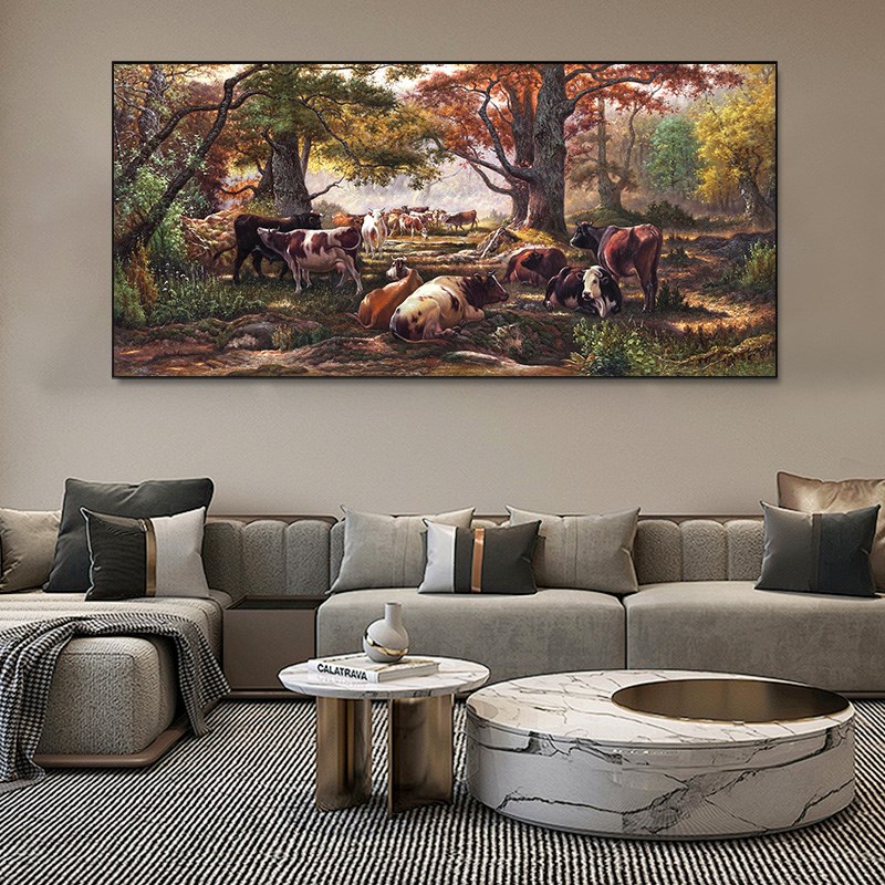 欧式风景牛客厅纯手绘油画美式沙C发背景墙装饰画轻奢挂画新中式图片