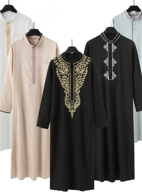 Arab Men Robe Thobe穆斯林男士长袍刺绣宽松礼拜服祈祷民族长袍