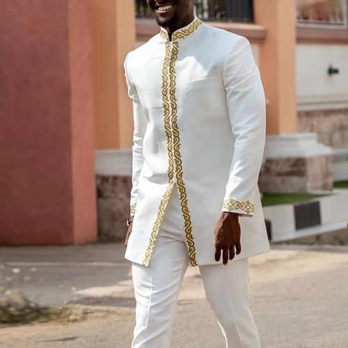 White African Men 2pc Suit Wedding民族风宴会男套装衬衫+长裤