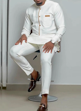 穆斯林服饰男士白色礼服套装长袖衬衫长裤两件套时尚民族风服装
