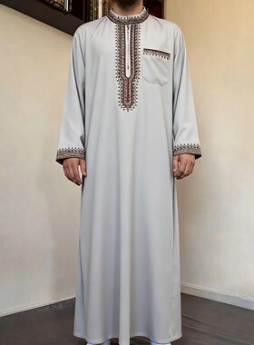 阿拉伯男士刺绣长袍民族服饰穆斯林礼拜服立领宽松袍子迪拜长衫