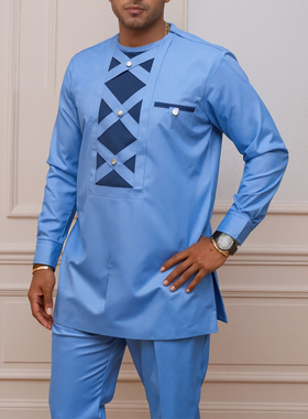 男士民族风套装蓝色几何图案长袖两件套穆斯林礼服非洲传统服装