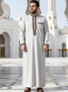 中东阿拉伯长袍男立领刺绣迪拜阿巴亚长袍穆斯林民族礼拜服衬衫