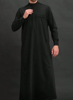 阿拉伯迪拜服装中东土豪长袍穆斯林黑色袍子立领衬衫