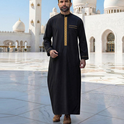 Arab Men Black Thobe男士立领长袍带口袋刺绣大码连体衣袍子罩袍