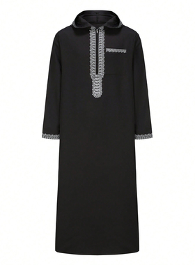 Muslim Arab Thobe阿拉伯男士长袍刺绣连帽黑色大褂迪拜民族服装