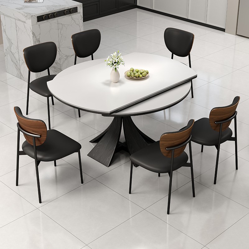 法式中古风可伸缩实木圆餐桌折叠两用黑色复古风白蜡木纹岩板饭桌