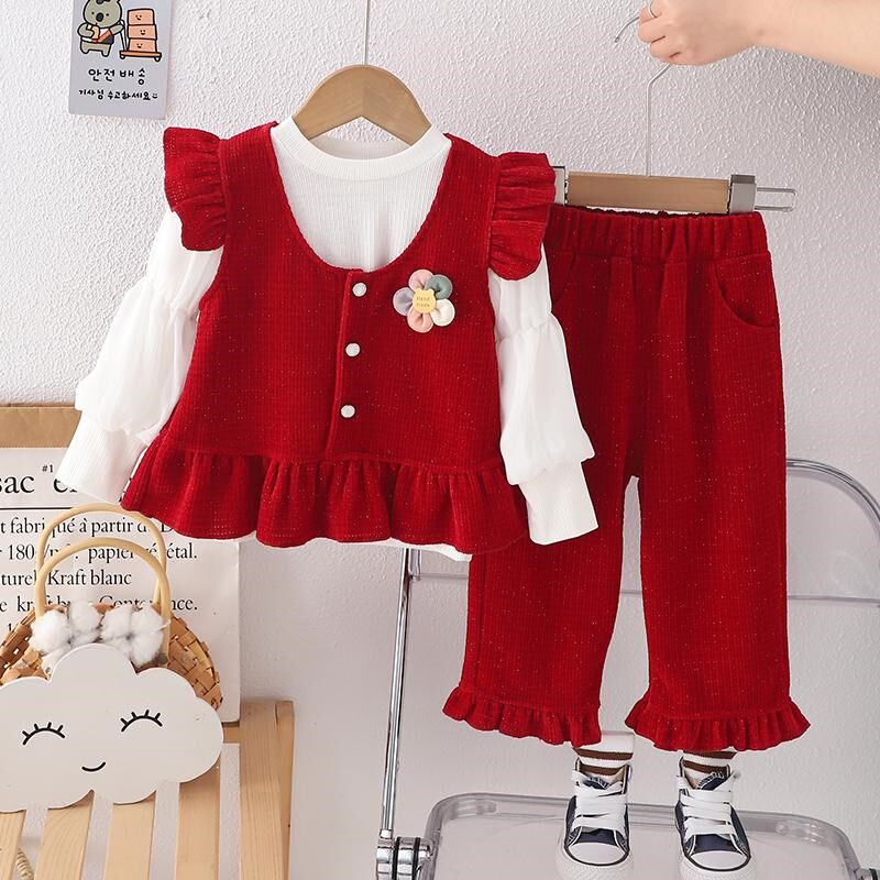 婴儿衣服春季小女孩马甲洋气甜美三件套外出服套装一岁女宝宝春装