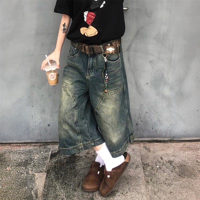 300斤大码女装胖mm蓝色直筒牛仔裤女2025初夏穿搭美式复古七分裤
