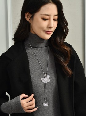 韩国时尚项链银杏叶子毛衣链长款珍珠吊坠秋冬女士衣服挂件配饰品