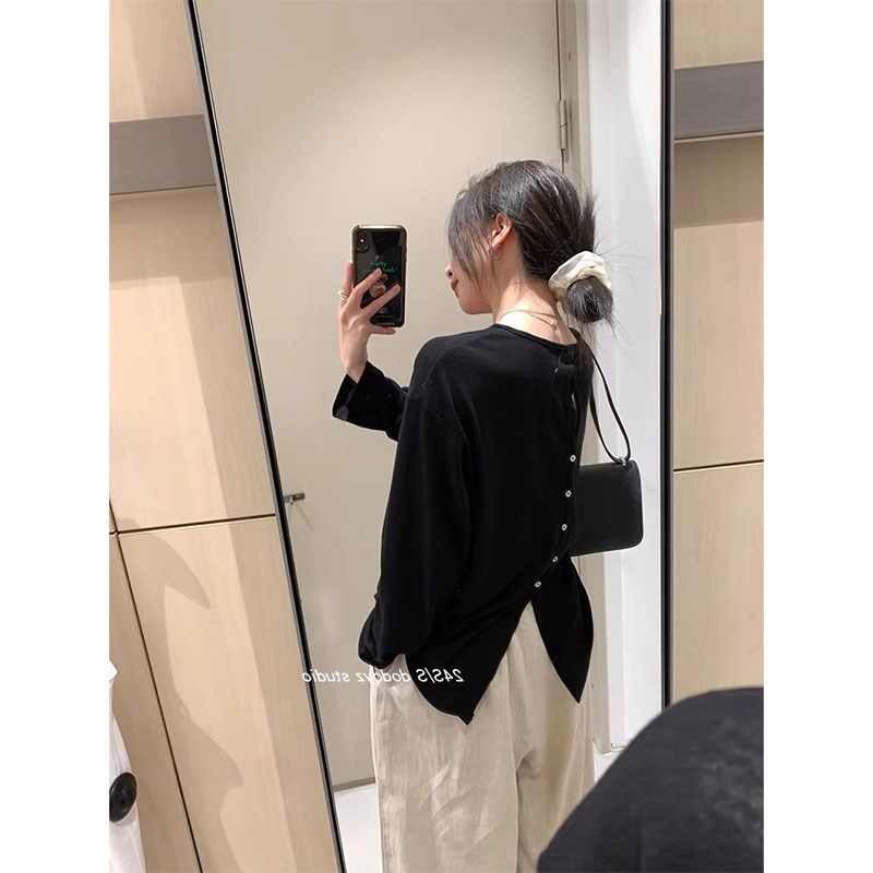 韩版宽松简约百搭长袖圆领后背开叉单排扣防晒空调衫针织上衣女潮
