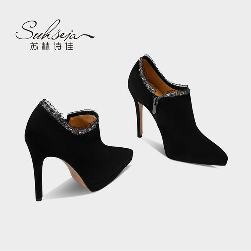 黑色女士单鞋2024春季新款走秀亮片水钻配裙子气质尖头细跟高跟鞋