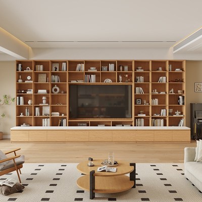 定制实木卡座书柜一体整墙u书架橡木色电视柜背景墙客厅落地置物