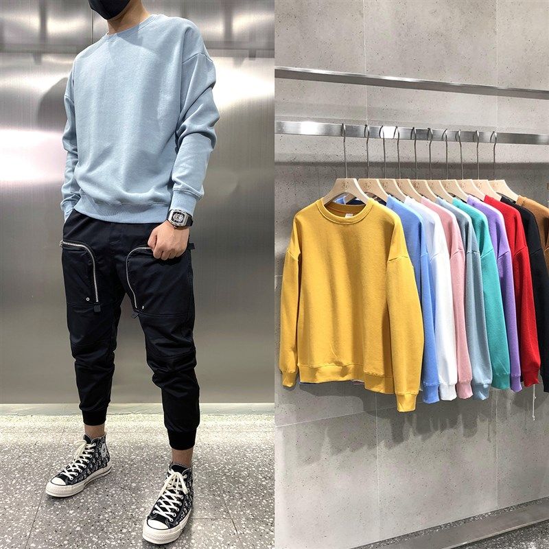 春秋新款纯色卫衣男潮牌小清新圆领基础款长袖青年休闲落肩打底衫